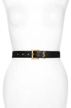 Saint Laurent Golden Ysl Monogram Croc-embossed Leather Belt In Western Moka