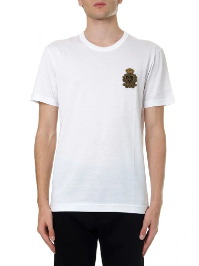 Dolce & Gabbana White Cotton T Shirt With Logo Patch In Bianco Ottico