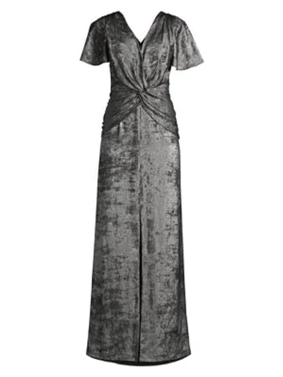Aidan Mattox Flutter-sleeve Burn Velvet A-line Gown In Silver Black