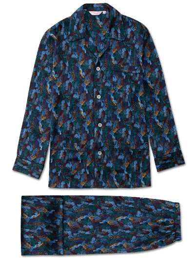 Derek Rose Men's Classic Fit Piped Pyjamas Brindisi 41 Pure Silk Satin Multi In Blue