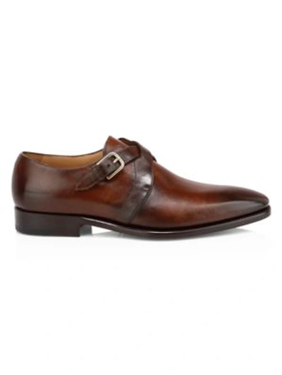 Paul Stuart Galante Crisscross Double Monk Strap Leather Shoes In Auburn