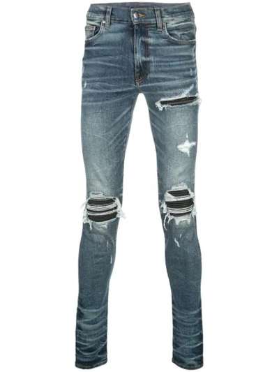 Amiri Mx1 Leather-panel Distressed Skinny-leg Jeans In Blue