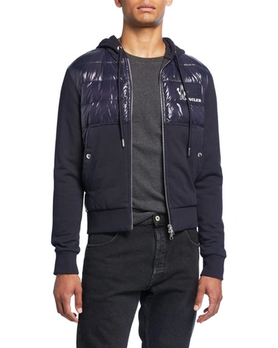 Moncler Panelled Cotton-jersey And Quilted Shell Down Zip-up Hoodie In Navy