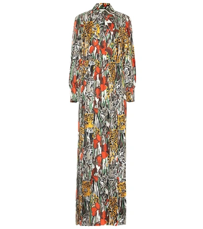 Gucci Feline Garden Print Long Sleeve Silk Dress In Multicolor