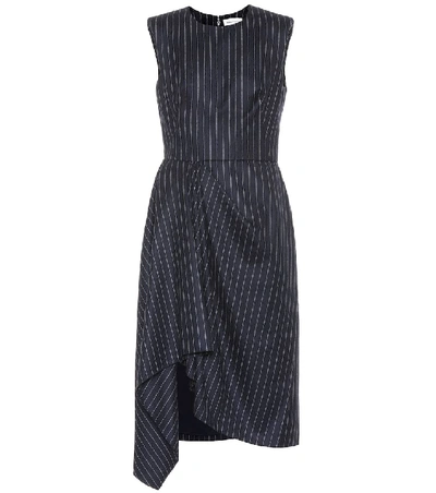 Alexander Mcqueen Pinstriped Flannel Draped-side Cocktail Dress In Blue