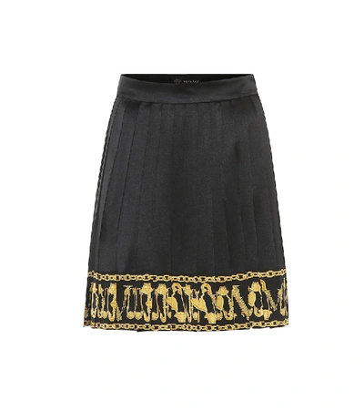 Versace Pleated Printed Silk-satin Mini Skirt In Black