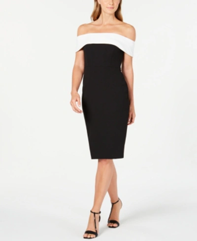 Calvin Klein Off-the-shoulder Fold-over Sheath Dress In Black Cream