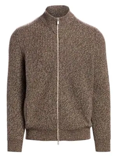 Brunello Cucinelli Men's Chunky Donegal Zip-up Sweater In Grey Brown