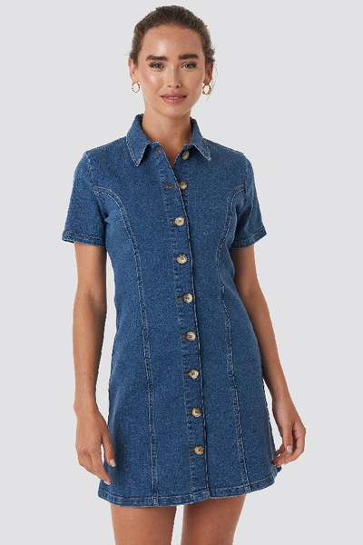 Na-kd Button Up Denim Mini Dress - Blue In Mid Blue Wash