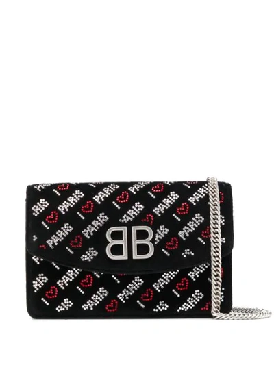 Balenciaga Bb "i Love Paris" Embroidered Wallet On Chain In Black