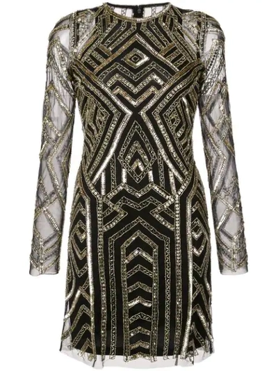 Aidan Mattox Long-sleeve Geometric Hand-beaded Mini Cocktail Dress In Black