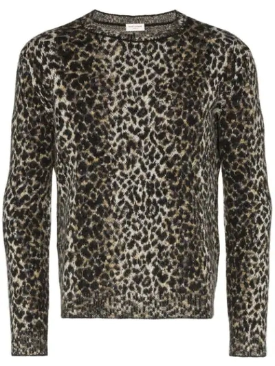 Saint Laurent Intarsia Leopard Knitted Jumper In Beige Black