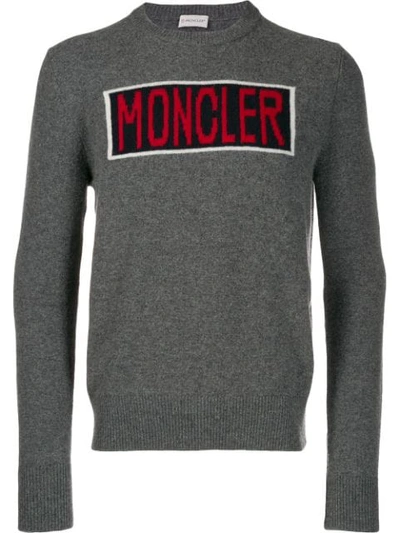 Moncler Men's Logo Stamp Wool Sweater In Grey