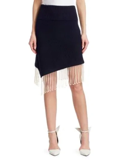 Calvin Klein Rib Knit Asymmetrical Fringe Skirt In Navy