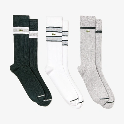 Lacoste Men's Ribbed Cotton Blend Sock 3-pack In Grey Chine / Green / White / Light Blue