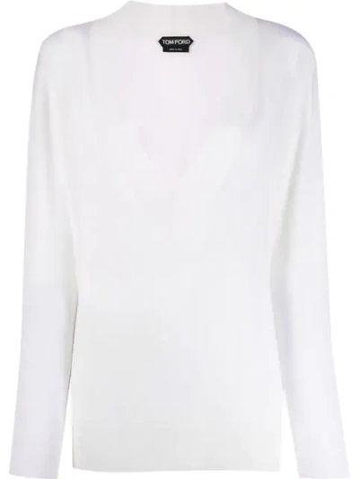 Tom Ford Cashmere Large-ribbed V-neck Sweater In White