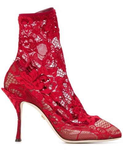 Dolce & Gabbana 90毫米弹力蕾丝袜式短靴 In Red