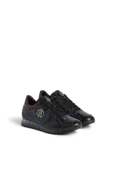 Roberto Cavalli Snake Print Lace Up Sneakers In Black