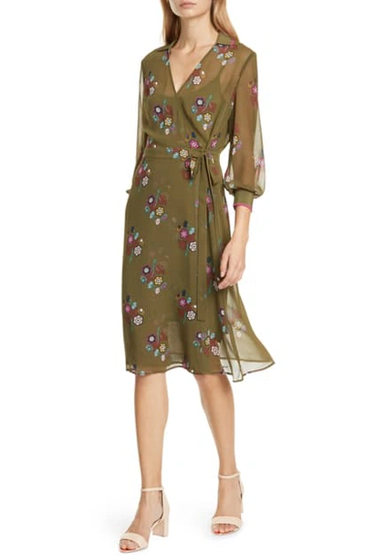Ted Baker Colour By Numbers Mammil Floral Long Sleeve Wrap Dress In Khaki