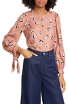 Rebecca Taylor Paintbrush Floral Tie Sleeve Silk Blend Top In Blush Combo