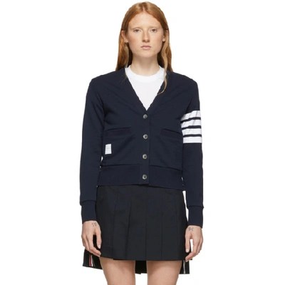 Thom Browne Four Bar Armband Cotton Cardigan In Blue