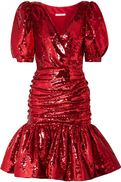 Rodarte Ruched Sequined Crepe Mini Dress In Red