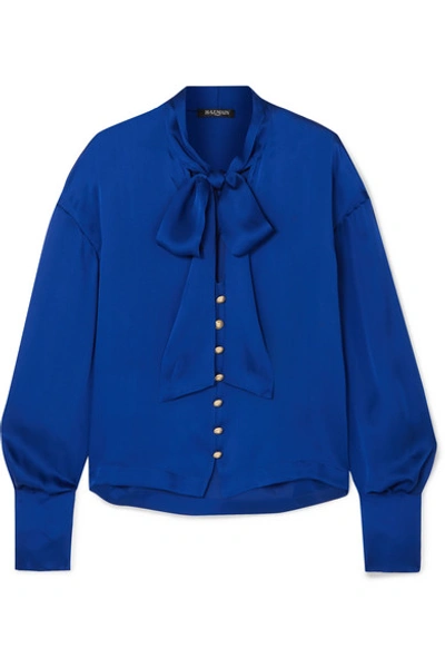 Balmain Pussy-bow Silk Blouse In Blue