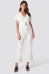 NA-KD Overlapped Belted Linen Look Jumpsuit White