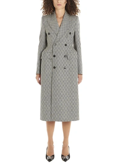 Balenciaga Hourglass Double-breasted Crosshatch Wool Coat In Grey