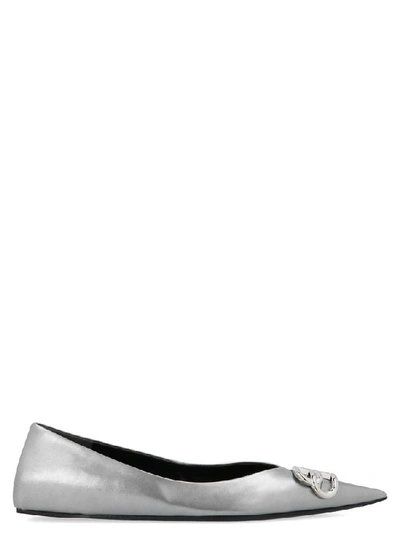 Balenciaga Square Knife Logo-embellished Metallic Leather Point-toe Flats In Silver