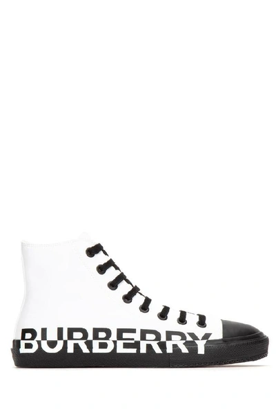Burberry Logo Print Cotton Gabardine High-top Sneakers In White