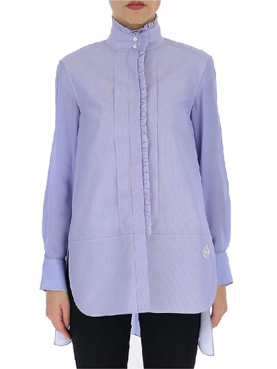 Chloé Stand-collar Ruffled Long-sleeve Mixed-media Shirt In Blue