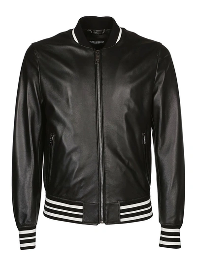 Dolce & Gabbana Leather Varsity Jacket In Black
