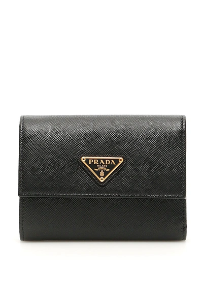 Prada Logo Plaque Fold Over Wallet In Black