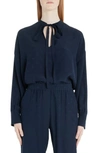 Valentino Logo Jacquard Tie Neck Silk Satin Blouse In 598-navy