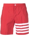 THOM BROWNE SNAP FRONT SWIM SHORT IN SOLID SWIM TECH W/ 4 BAR PRINT