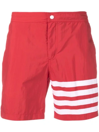 Thom Browne Snap Front Swim Short In Solid Swim Tech W/ 4 Bar Print In 600 Red