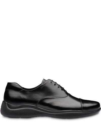 Prada Polished Leather Oxford Sneakers In Black
