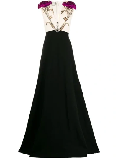Gucci Floral Embroidered Jersey Gown In Black