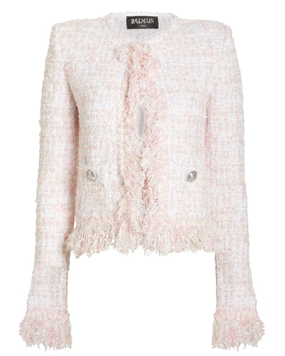 Balmain Cropped Tweed Suiting Jacket In Pink