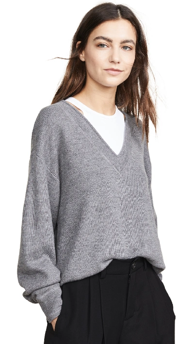 Alexander Wang T Bi-layer V Neck Sweater In Heather Grey/white
