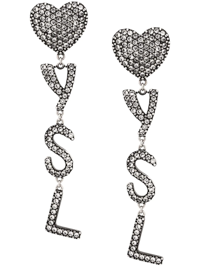 Saint Laurent Heart Ysl Clip Earrings In Argent Oxyde/crystal