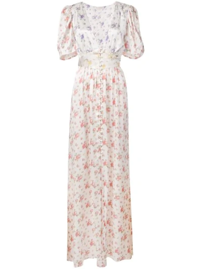 Loveshackfancy Stacy Gathered Floral-print Silk-charmeuse Maxi Dress In White