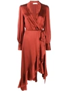 Zimmermann Espionage Blouson-sleeve Silk Midi Wrap Dress In Rouge