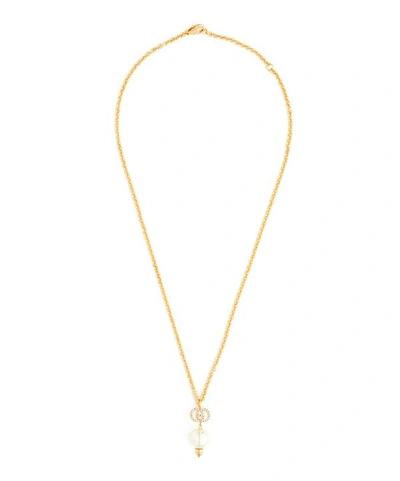 Gucci Gold-tone Crystal Logo Pearl Pendant Necklace