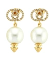 GUCCI Gold-Tone Crystal Logo Pearl Drop Earrings,5057865754390