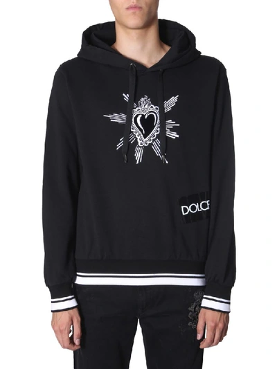Dolce & Gabbana Velvet Heart-embroidered Cotton Hooded Sweatshirt In Black