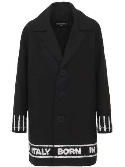Dsquared2 Embroidered Hem Wool Cloth Coat In Black
