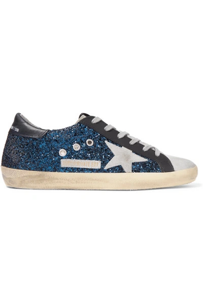 Golden Goose Superstar Distressed Glittered Leather Sneakers In Blue
