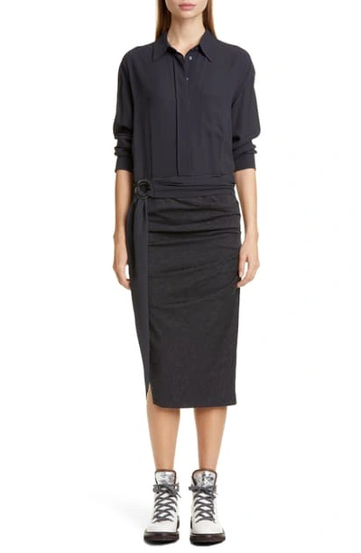 Brunello Cucinelli Long Sleeve Ruched Shirtdress In Anthracite